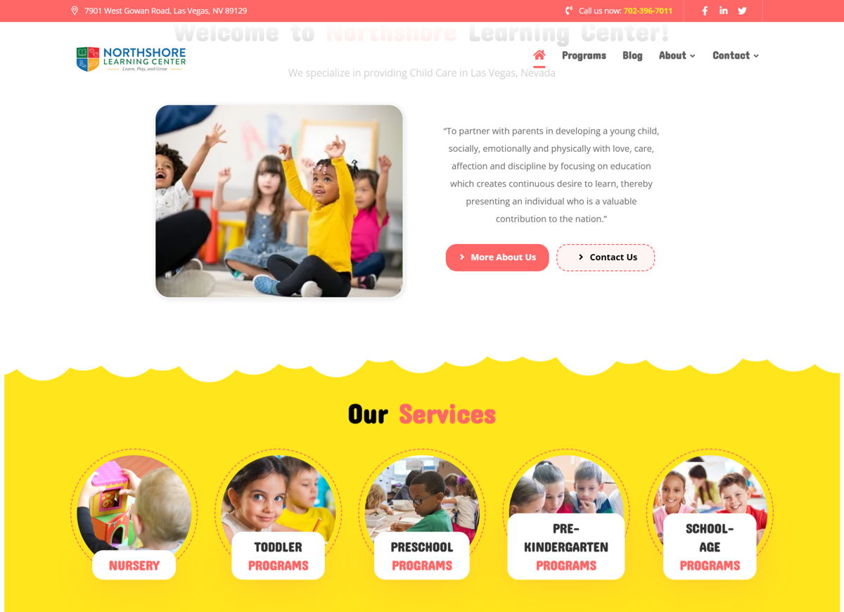 Screenshot of Northshore Learning Center, from the kindergarten websites collection.
