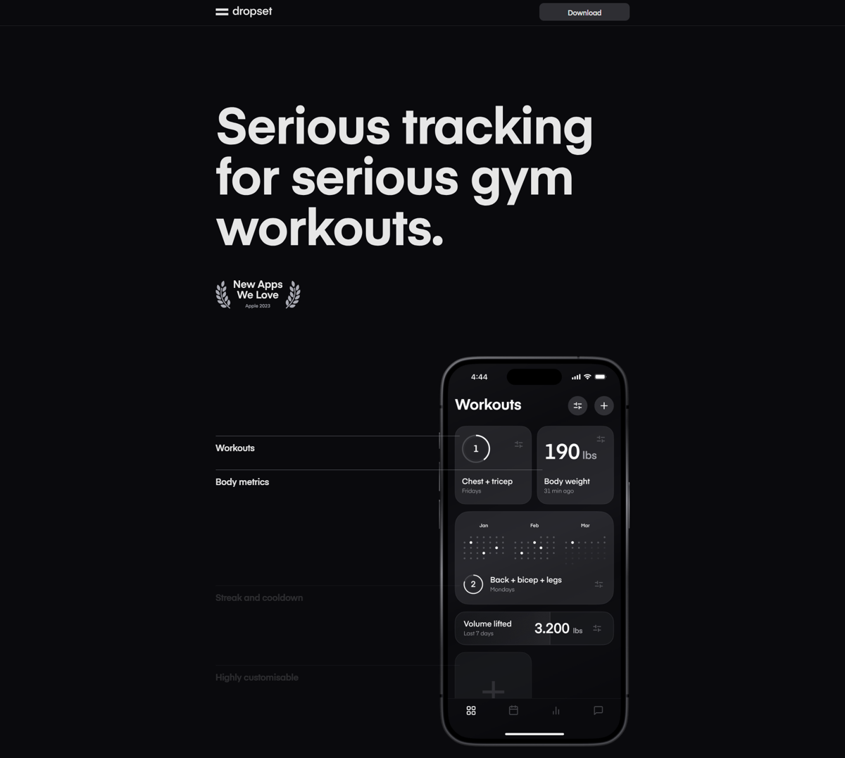 Screenshot of Dropset - Gym tracker, from the app websites collection.