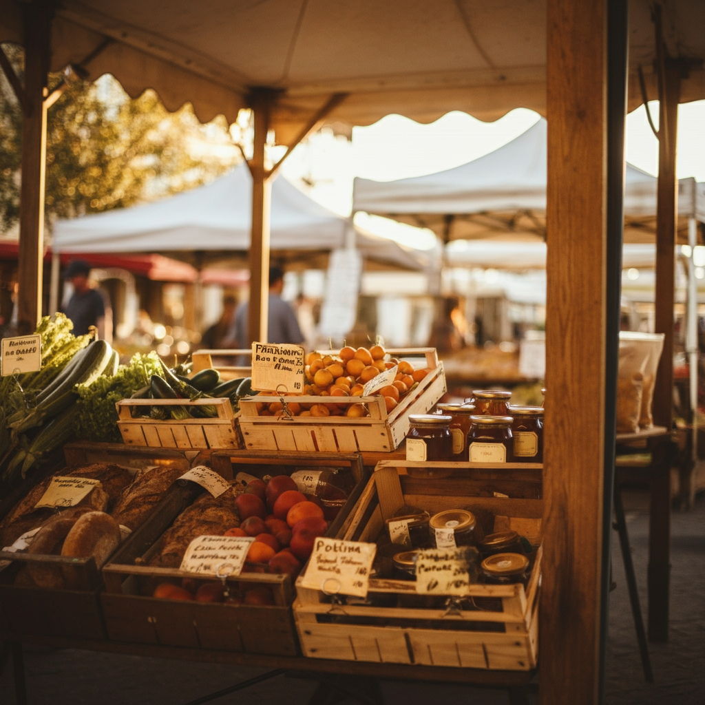 A photographic style image of A weekend farmers' market in the town square, with wooden stalls displaying fresh organic produce, artisanal breads, and local honey. Morning light filters through canvas awnings. high focus, sharp, lots of bright light, extra bright, highly detailed, high quality, dslr, film grain, fujifilm XT3, RAW photo, RAW candid cinema, color graded porta 400, depth of field, hyper realistic, natural-looking, expressive, textured skin, texture, 8k, photorealistic