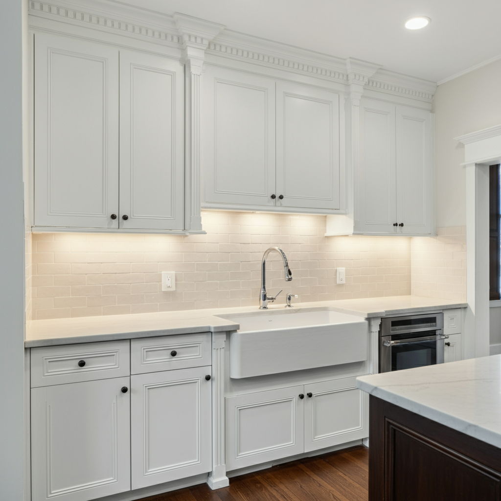 A Gold Coast kitchen featuring newly updated quartz countertops, refinished white cabinetry with modern hardware, and a classic subway tile backsplash. The space maintains its historic charm with crown molding and traditional architecture while incorporating contemporary elements like under-cabinet lighting and a farmhouse sink that appeal to luxury buyers.