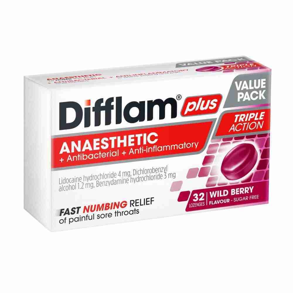 DIFFLAM PLUS ANAESTHETIC + ANTIBACTERIAL + ANTI-INFLAMMATORY WILD BERRY VALUE PACK 32 LOZENGES - Image 2