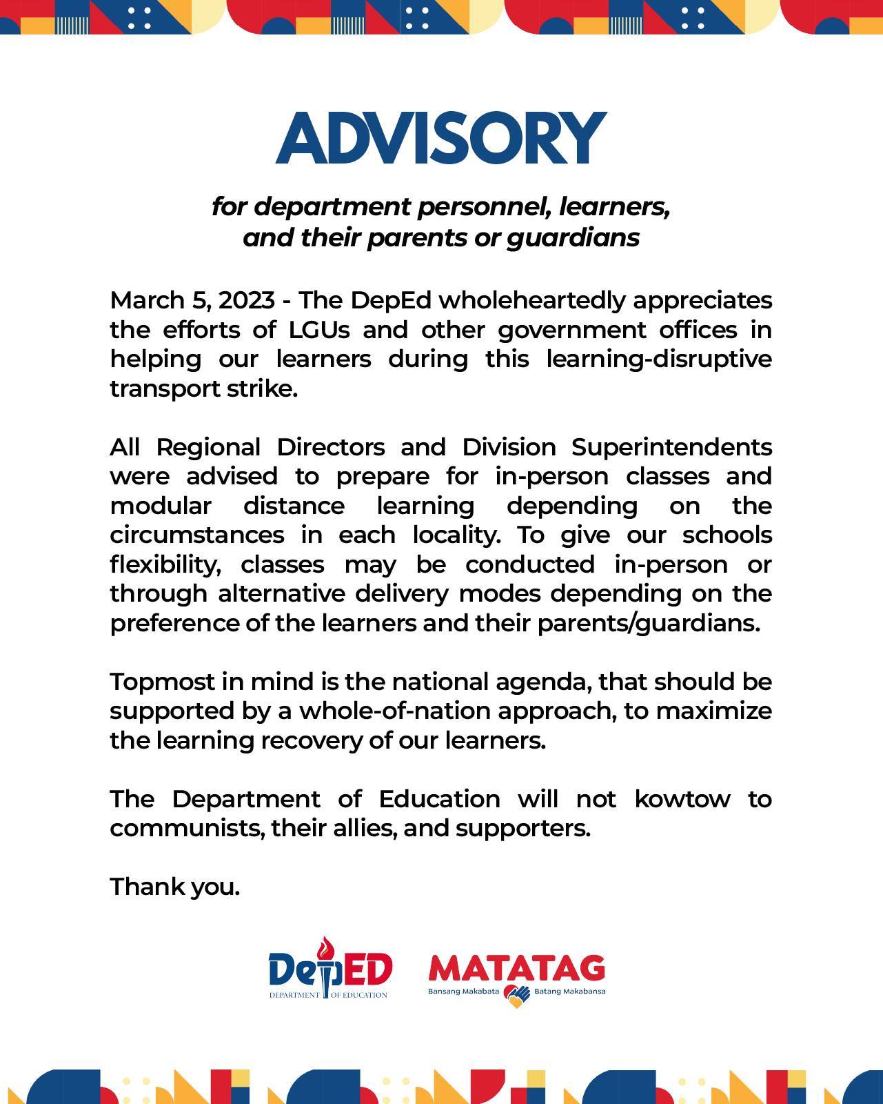 DEPED TULOY ANG INPERSON AT ALTERNATIVE LEARNING MODES SA KABILA NG