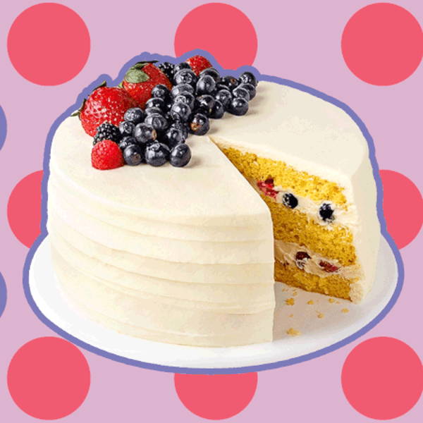 Silhouette of whole foods chantilly cake with animated polka dot background