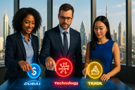 Three diverse business professionals interact with a futuristic holographic display showing icons for finance, technology, and trade, set against the Dubai skyline.