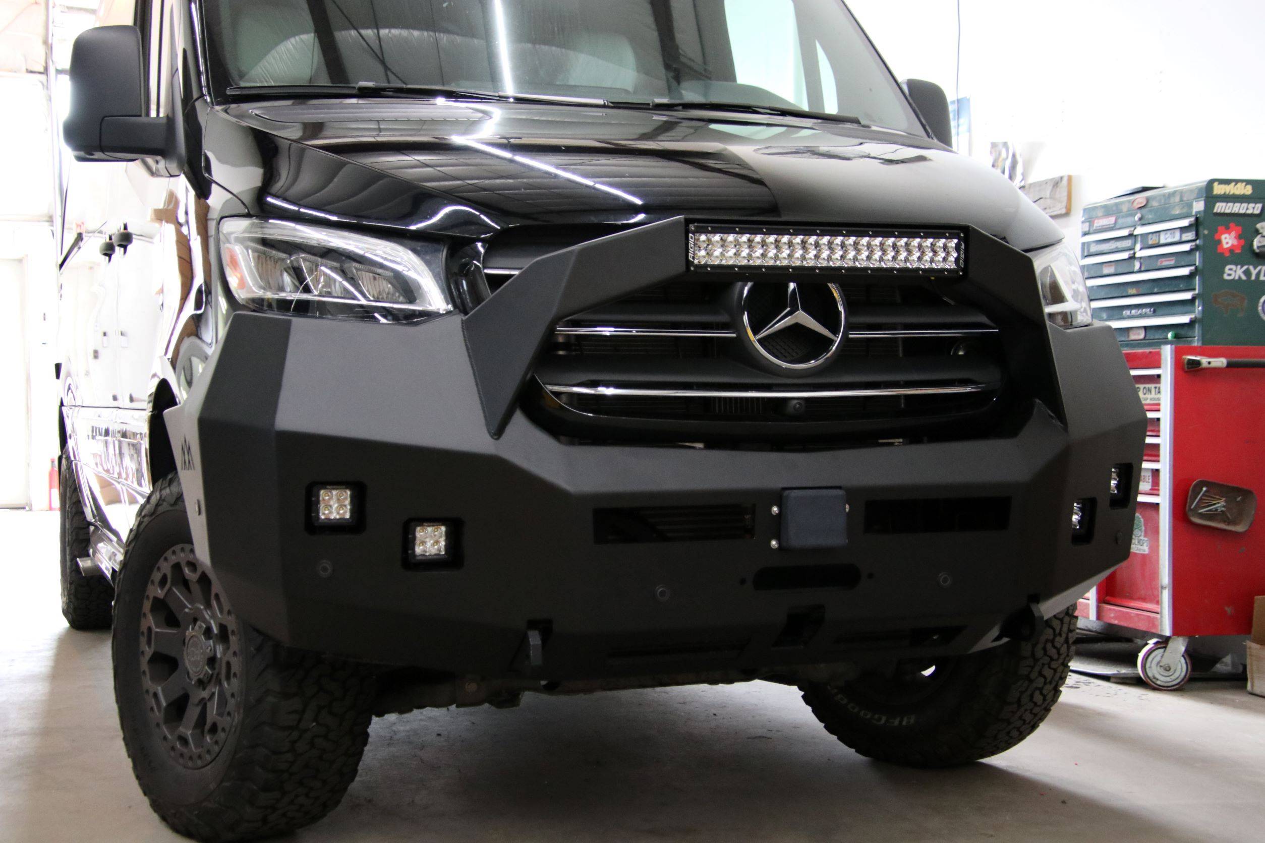 Front Bumper Brush Guard with LED Lights Installation for Mercedes Sprinter Conversion Van - The Vansmith in Boulder, Colorado