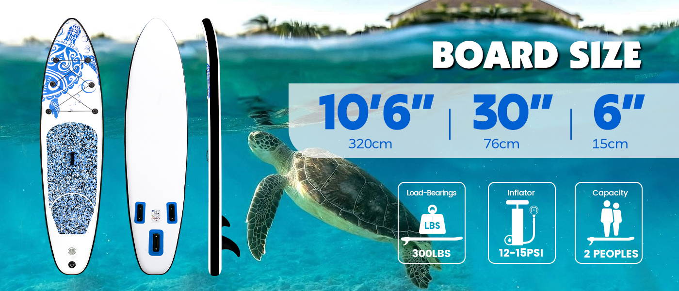 Stand up paddle board size: 10'6" in length, 30" in width, load-bearings is 300 LBS, inflator is 12-15 PSI, capacity is 2 peoples