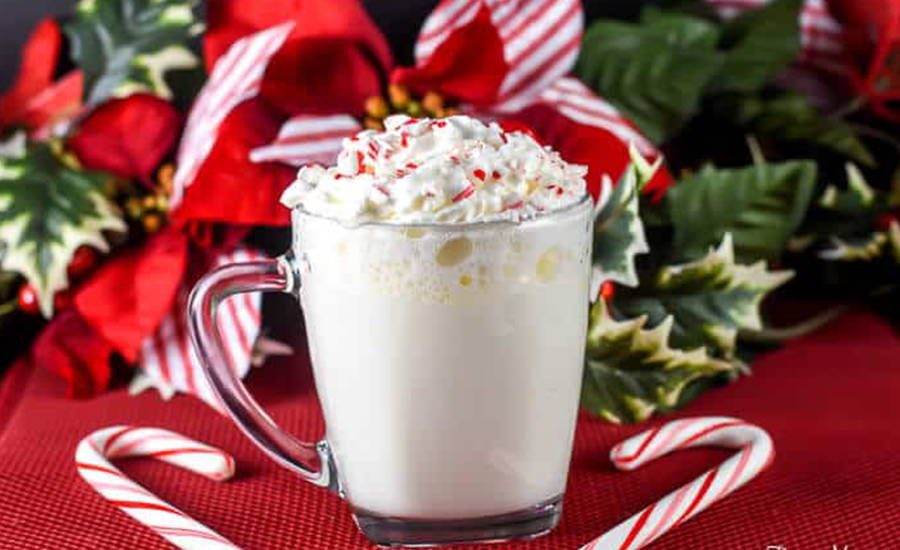 White hot chocolate with festive background