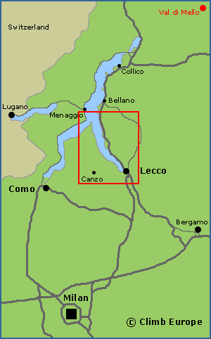 Map of rock climbing areas around Lake Como and Lecco