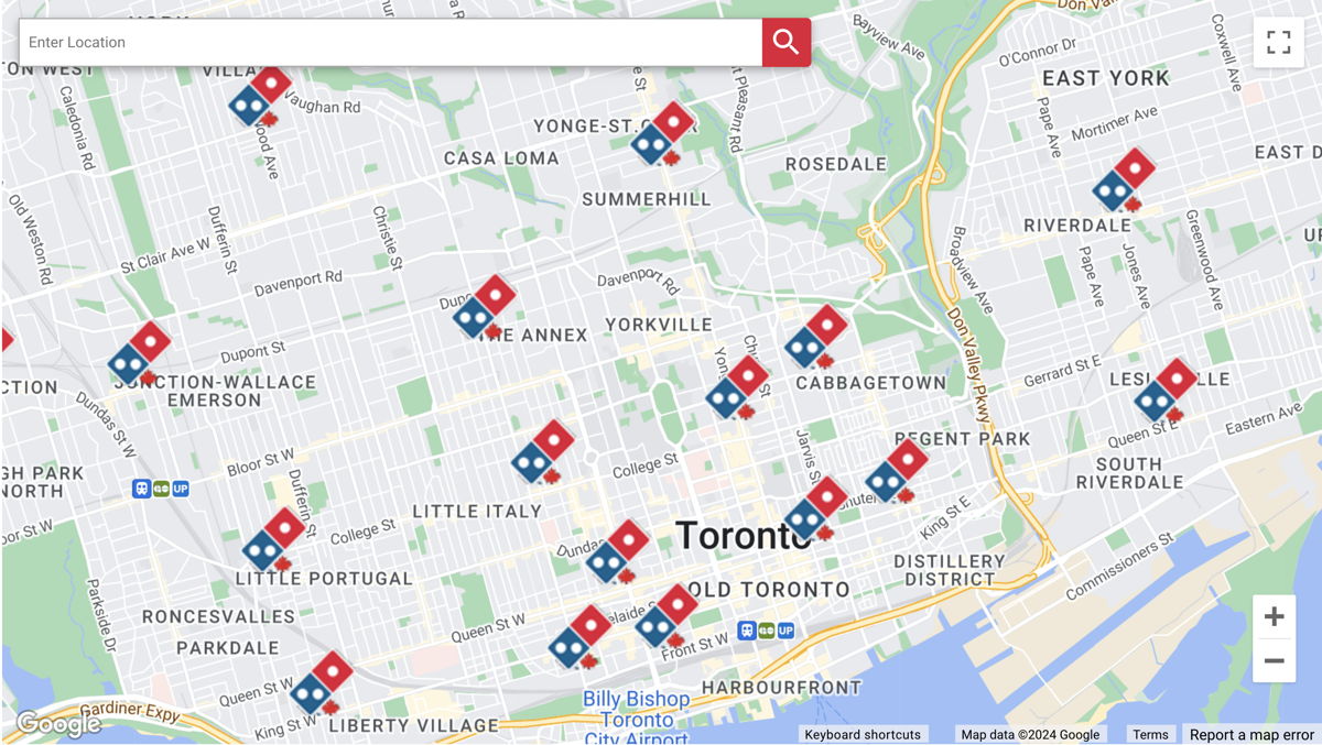 Screenshot of Dominoes Pizza, from the google maps api examples collection.
