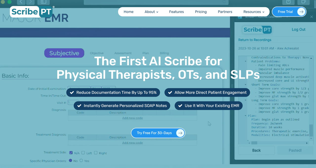 Screenshot of ScribePT's website landing page, an AI scribe