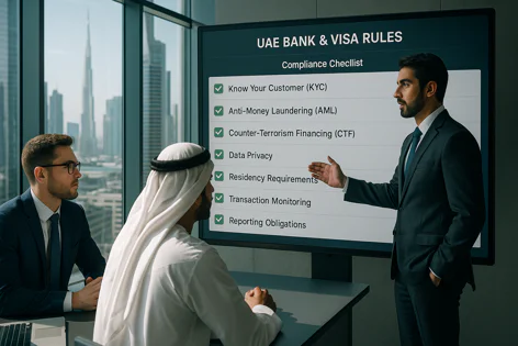 A man presents UAE bank and visa compliance rules checklist on a screen to two men, one in traditional attire, in an office overlooking Dubai. Checklist includes KYC, AML, CTF.