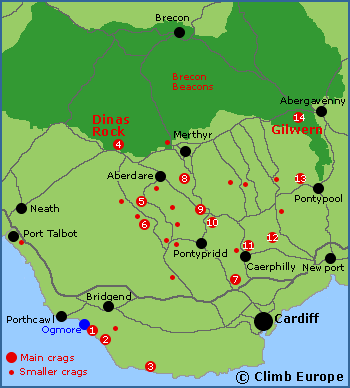 Map of the sport climbing areas near Cardiff in South Wales