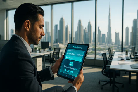 Man in suit using a tablet with mobile banking app displaying account balances and a completed $1000 transfer. Office setting with Dubai skyline view.