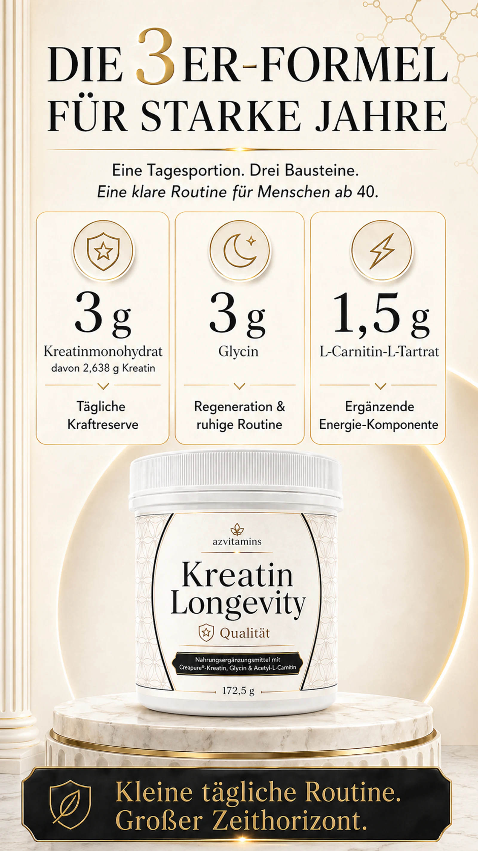 Tägliche Longevity-Routine mit AZ-VITAMINS - KREATIN LONGEVITY.