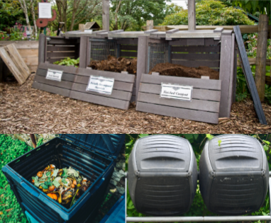 A photo collage of different compost bin options