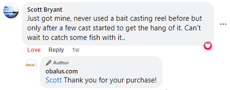 Facebook comment from an Obalus owner