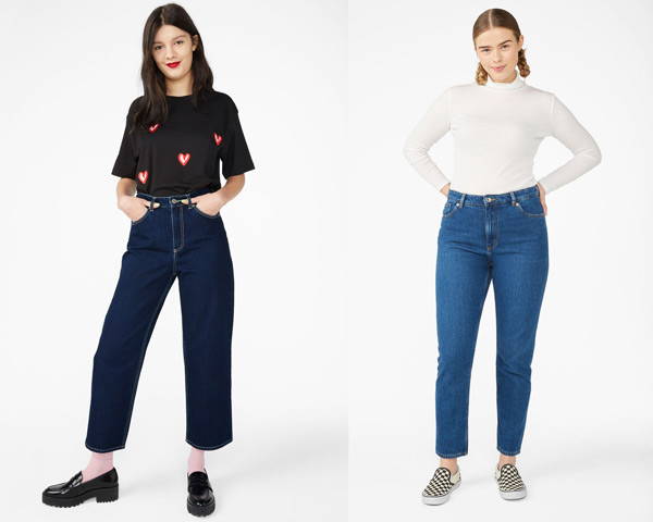 Woman wearing cropped indigo organic cotton jeans from sustainable brand Monki