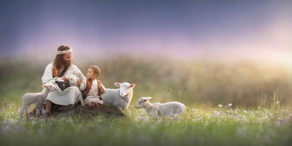 Jesus sitting in the grass with sheep in His lap and a little boy at His side.