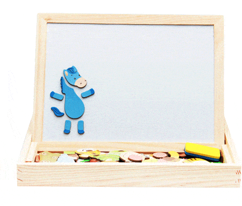 A stop motion showing Wooden Circus Board Montessori toy with a sun, grass, horse and a monkey.