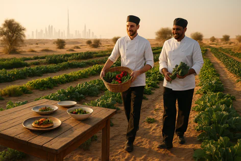 Two chefs walk through a farm field carrying fresh vegetables towards a table with prepared dishes. The Dubai skyline is visible in the distance behind the green crops.