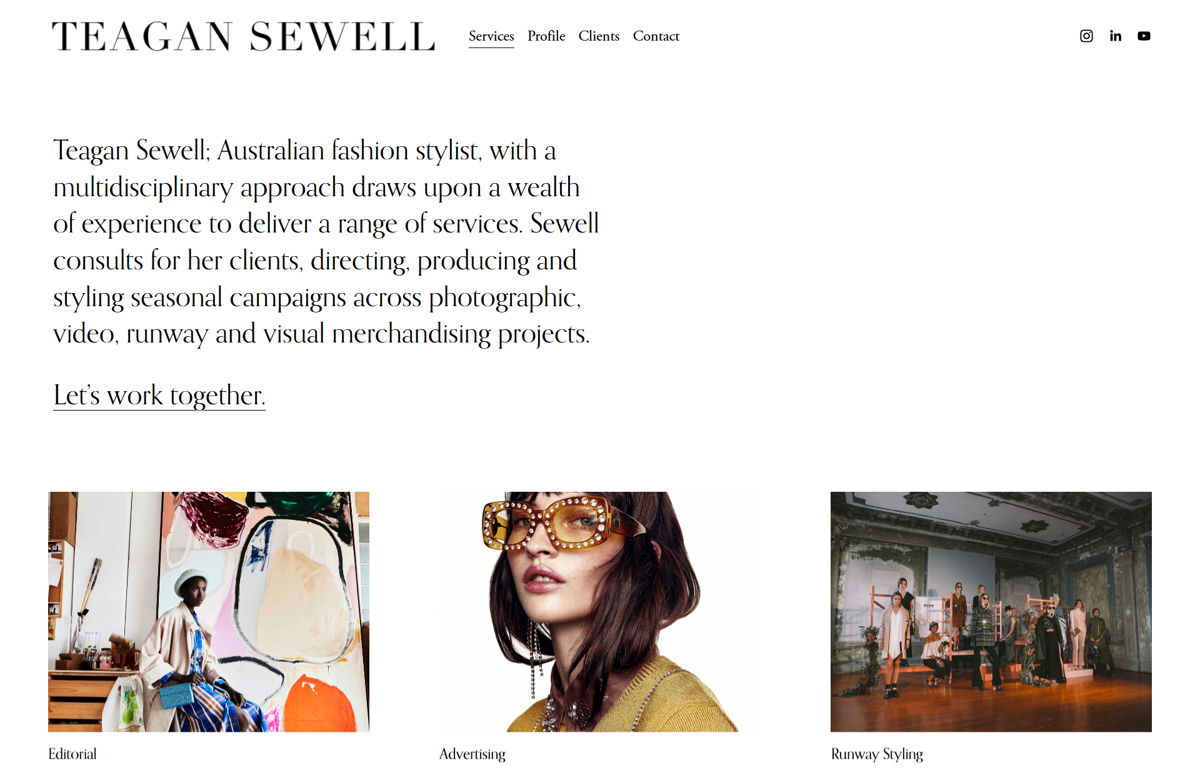 Screenshot of Teagan Sewell, from the stylist portfolios collection.
