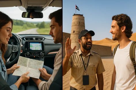 Couple navigates with a map in a car; tourist talks to a guide in the desert near a fort and sand dunes.