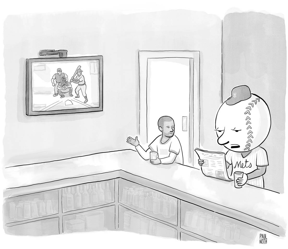 Mr. Met drinking at bar next to man who is gesturing at baseball playing on television.