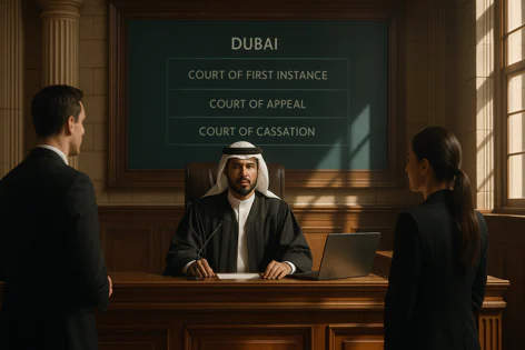 An Emirati judge in traditional attire and robe sits at his bench in a Dubai courtroom, facing two individuals. A board behind him lists the Dubai court levels.