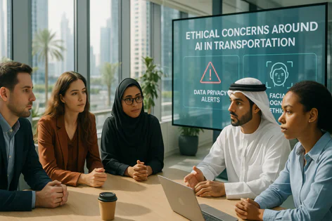 Diverse business team discusses ethical concerns around AI in transportation shown on a screen in a modern office meeting.