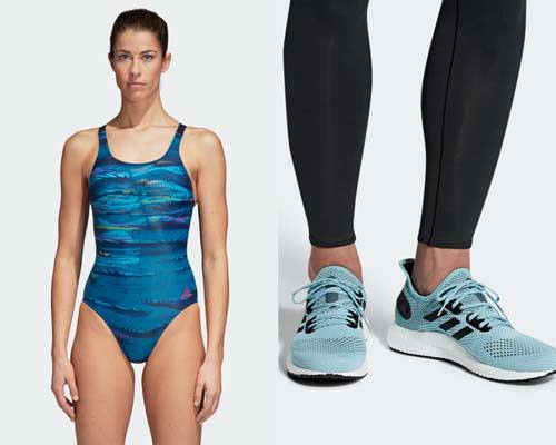 Woman wearing blue water patterned swimsuit made from recycled fishing nets and plastic from sustainable sportswear brand Adidas Parley and Man wearing Adidas Parley pale blue Prime knit running trainers