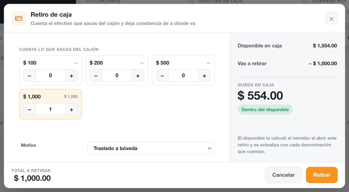 Ventana Retiro de caja con el conteo por denominacion, el motivo y el disponible en caja