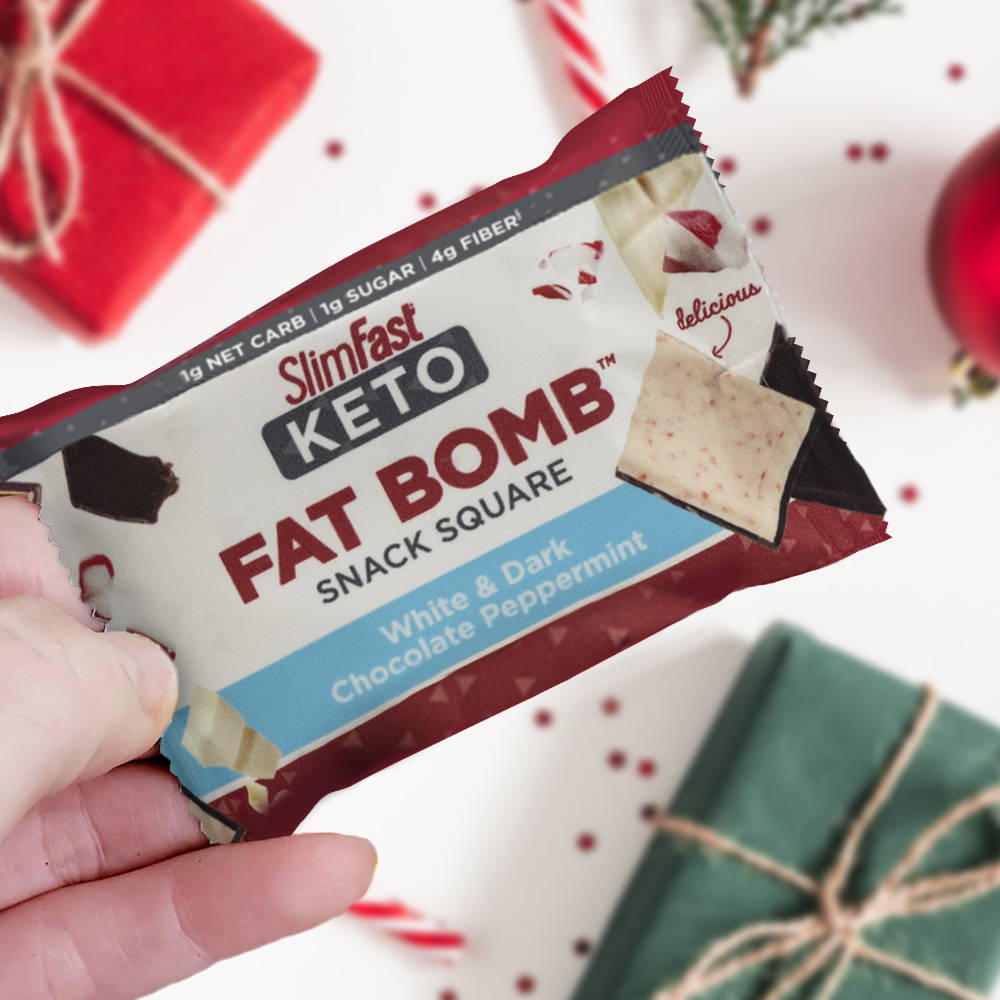 Products SlimFast Keto Fat Bomb White & Dark Chocolate Peppermint Snack Square- lifestyle image