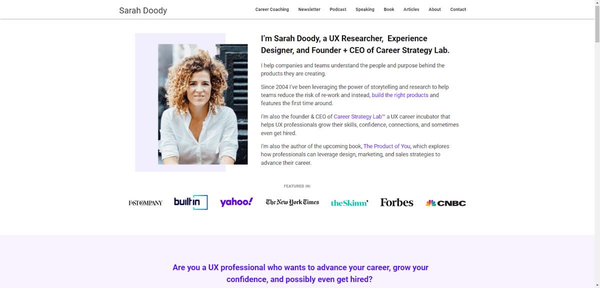 Screenshot of Sarah Doody, from the ux portfolios collection.