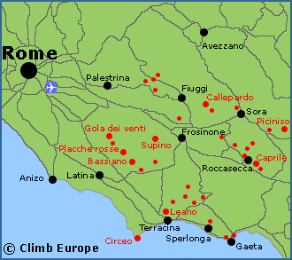 Map of the rock climbing areas to the south of Roma