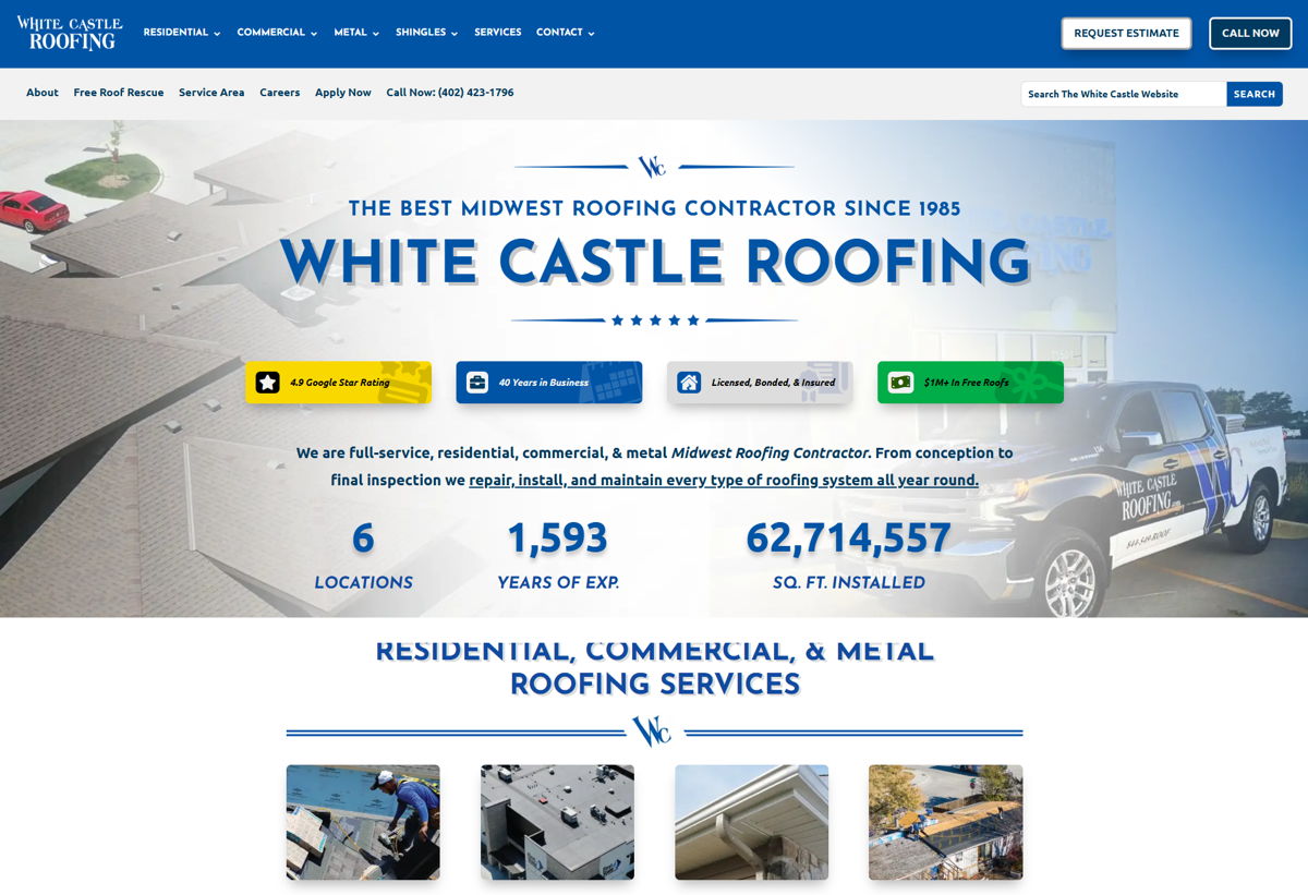 Screenshot of White Castle Roofing, from the wordpress websites collection.