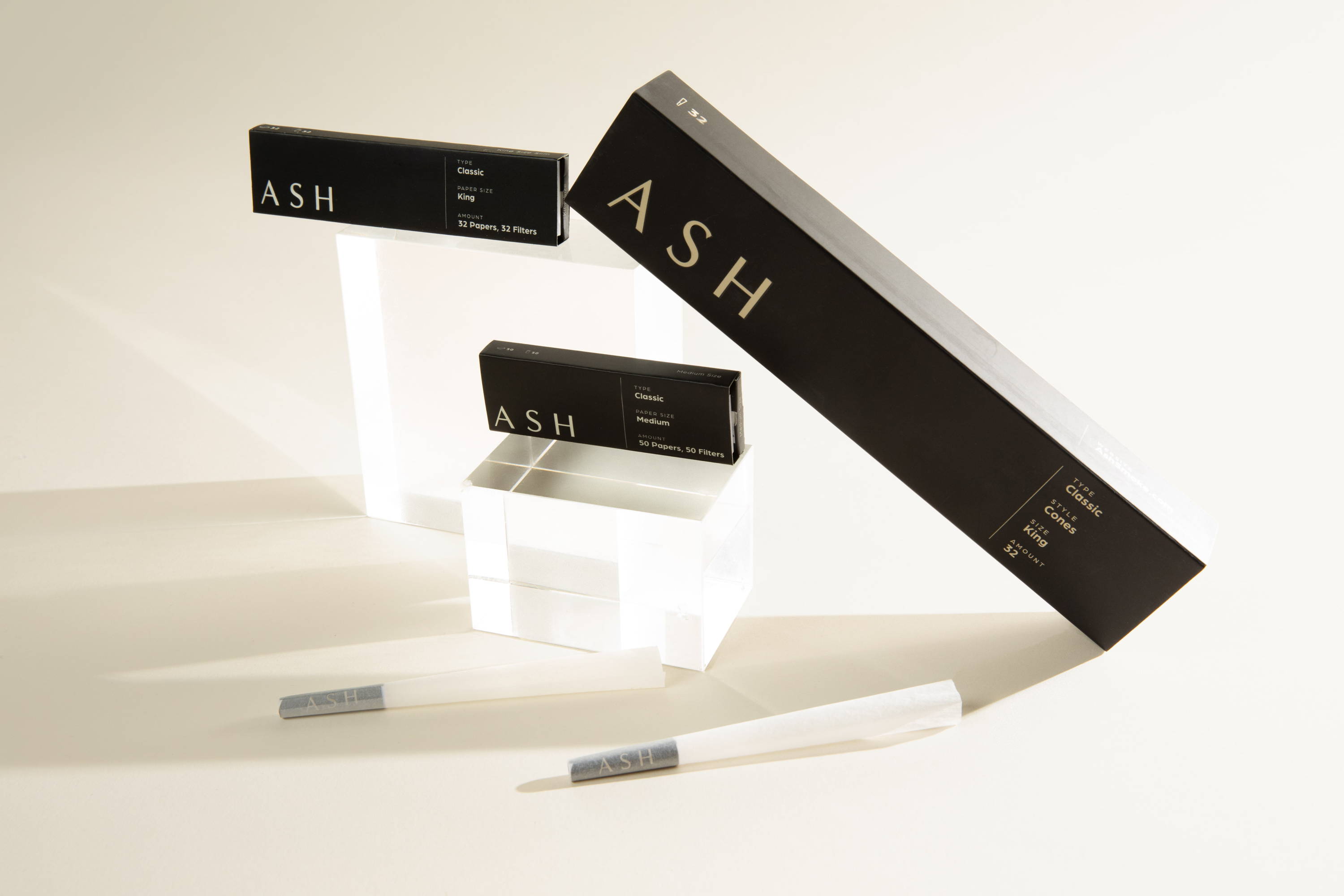 ASH pre rolled cones on product photography
