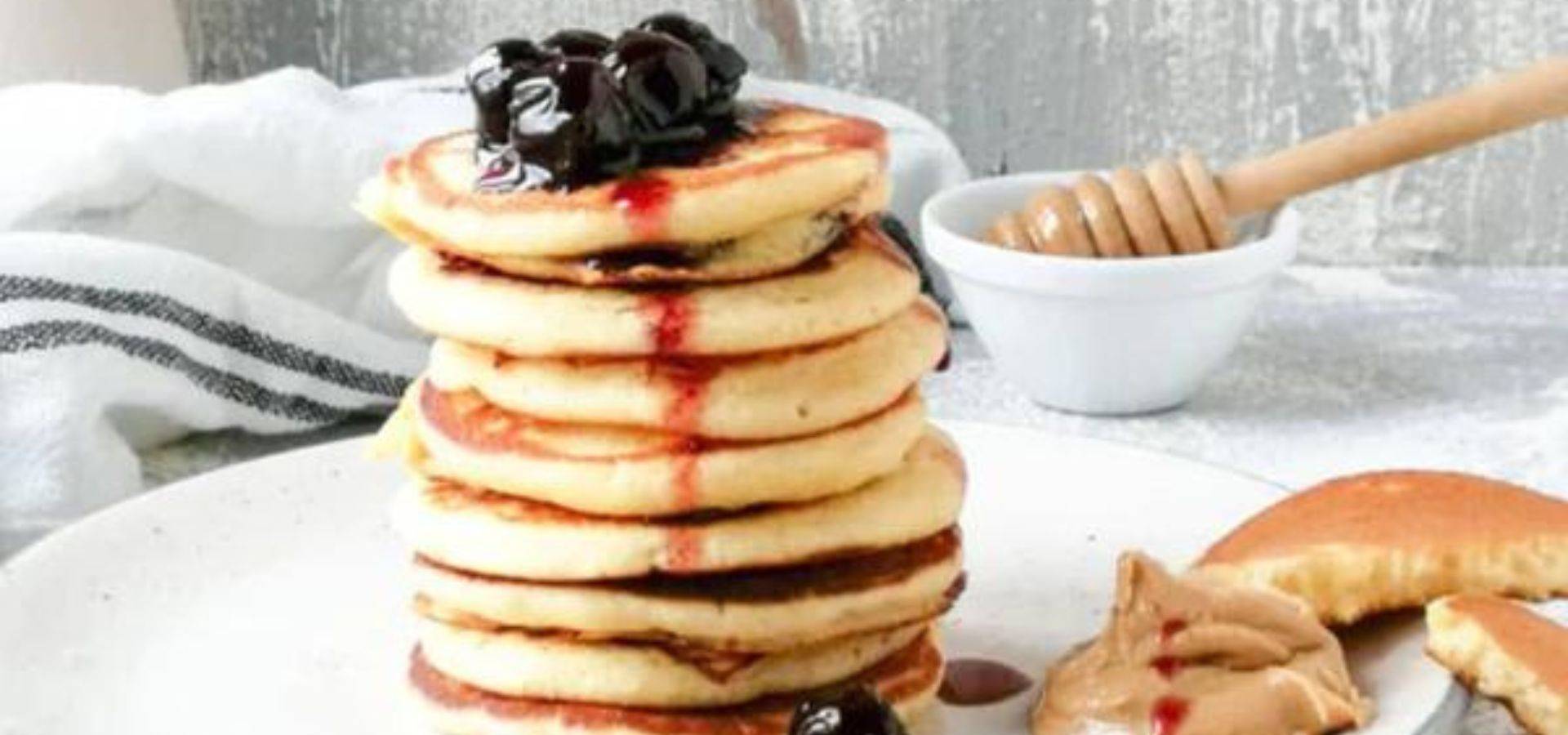 Pancakes topped with sour cherry spoon sweet from Zelos