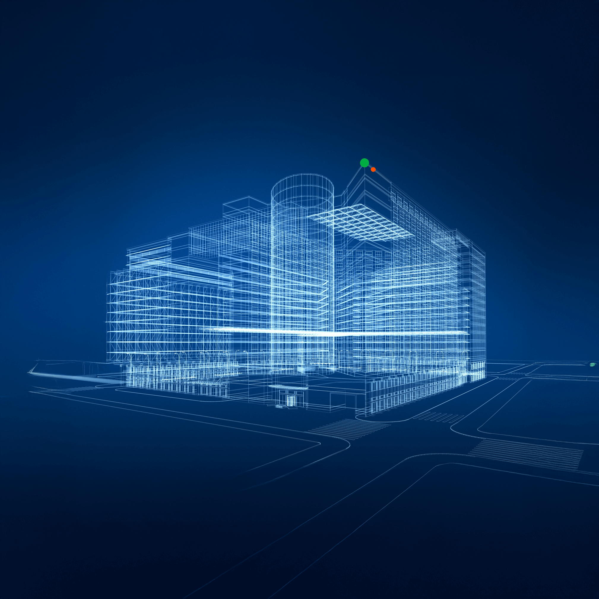 Digital wireframe of a modern multi-story building with geometric lines, set against a dark blue background, featuring highlighted nodes and a subtle grid on the ground.