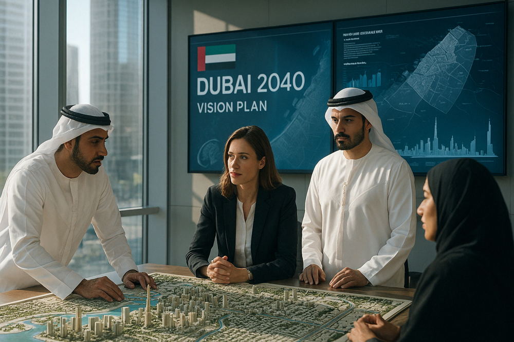Business people examine a detailed city model of Dubai and the Dubai 2040 Vision Plan displayed on a screen in an office meeting.