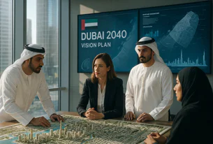 Business people examine a detailed city model of Dubai and the Dubai 2040 Vision Plan displayed on a screen in an office meeting.