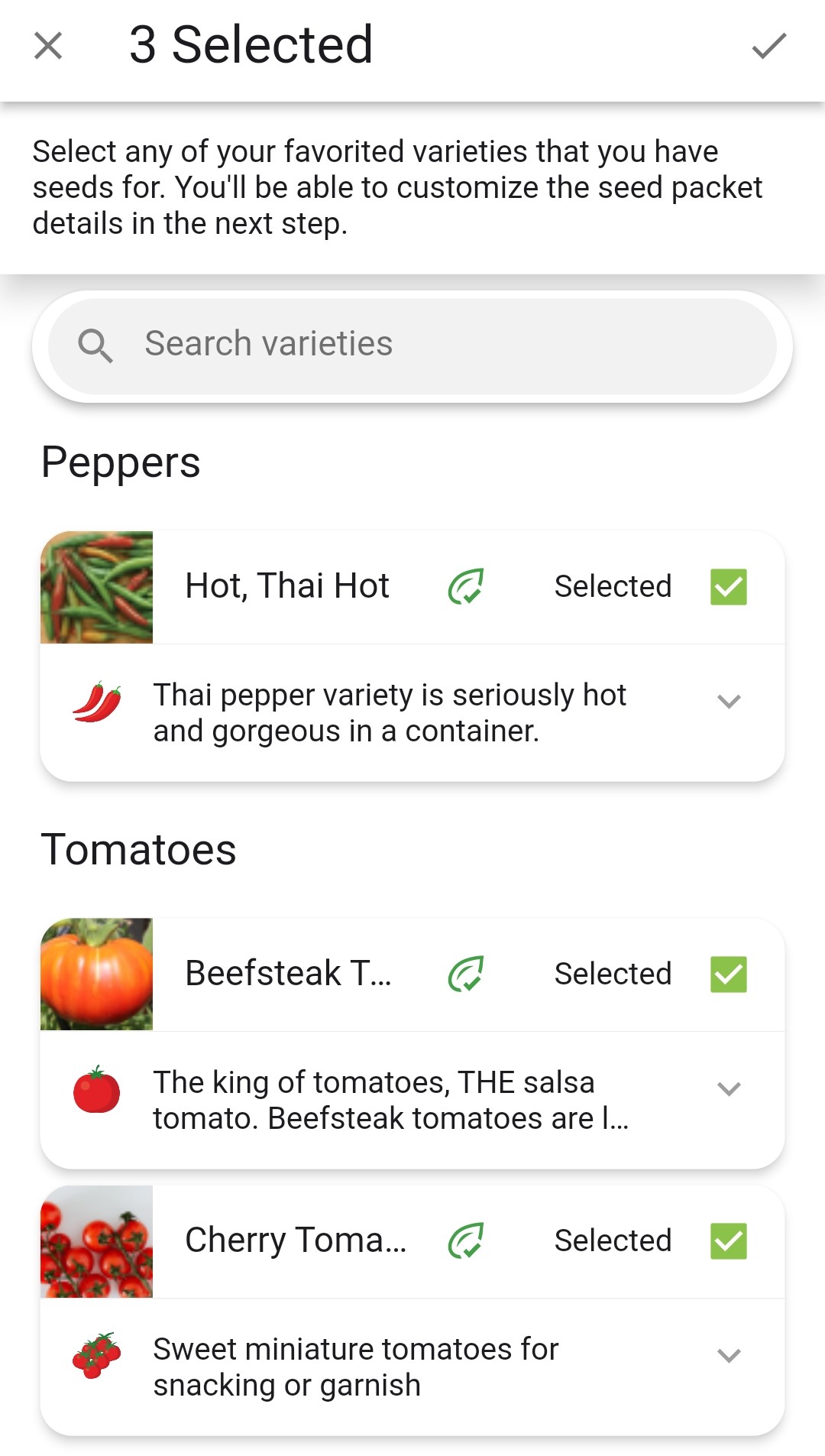 Screenshot of the varieties selected for import