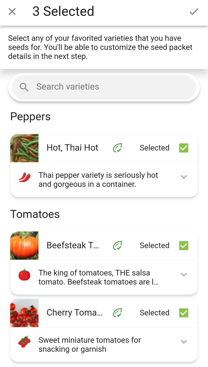 Screenshot of the varieties selected for import