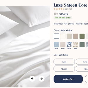 Luxe Sateen Core Sheet Set. White Size California King