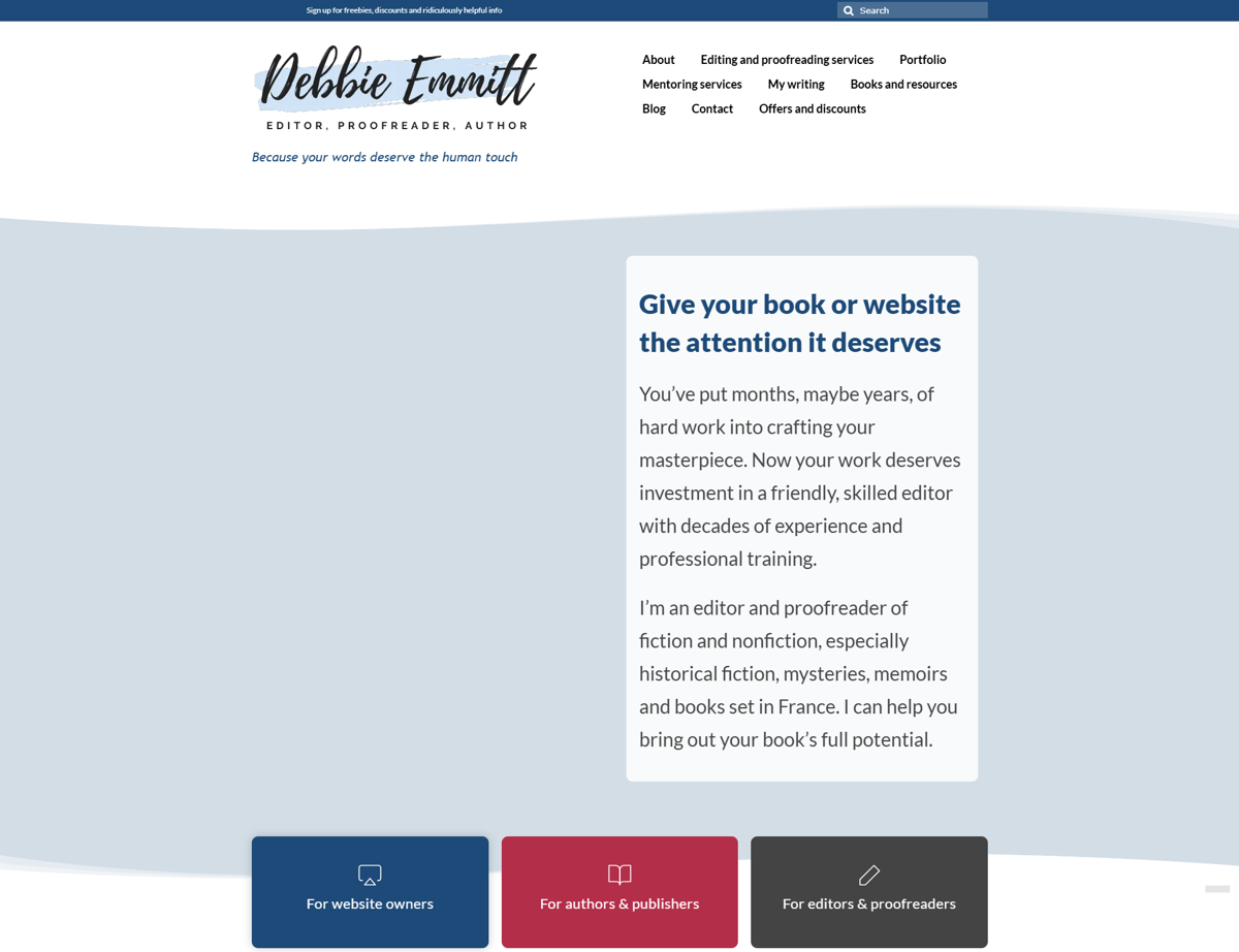 Screenshot of Debbie Emmitt, from the content editor & proofreader portfolios collection.
