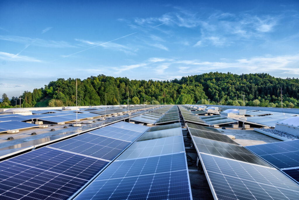 Rows of solar panels installed on a flat rooftop reflect sunlight under a clear blue sky, with a lush green forest and rolling hills in the background.