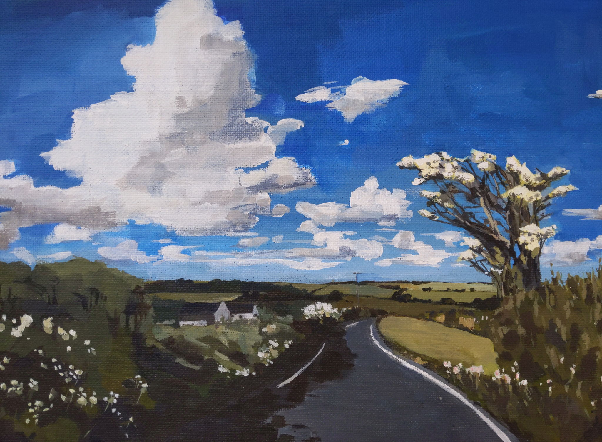 Painting of hawthorn bush on the side of the road