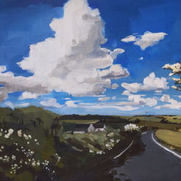 Painting of hawthorn bush on the side of the road