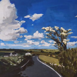 Painting of hawthorn bush on the side of the road