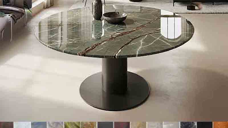 Esstisch modern rund mit eleganter Marmorplatte in Rainforest green