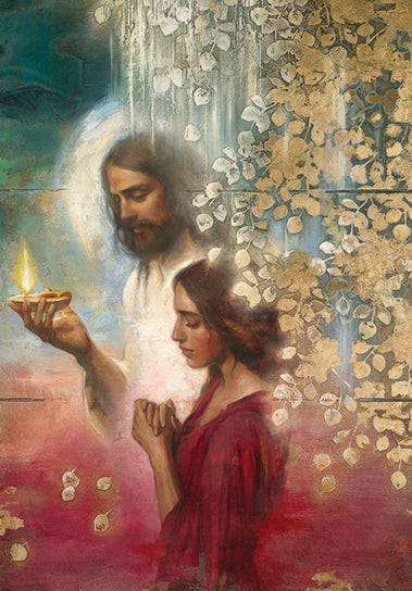 A young woman is praying and Christ stands nearby, guiding her with a glowing lamp. 